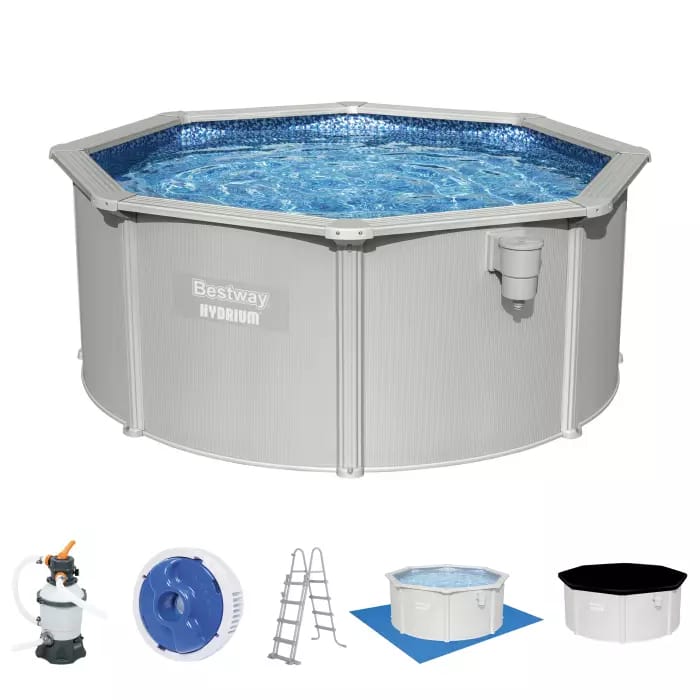 Стальной бассейн Bestway 56566 BW, Hydrium 300х120см, 7630л, песочный фильтр-насос, лестница, тент, подстилка, попл.-доз. фото 2